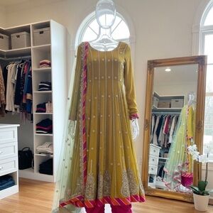 Stunning 3 piece Anarkali Suit - Mustard Green & Pink  Gotta Patti work | Medium